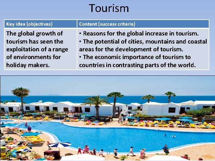 Tourism Key idea (objectives) Content (success criteria) The global growth of tourism has seen