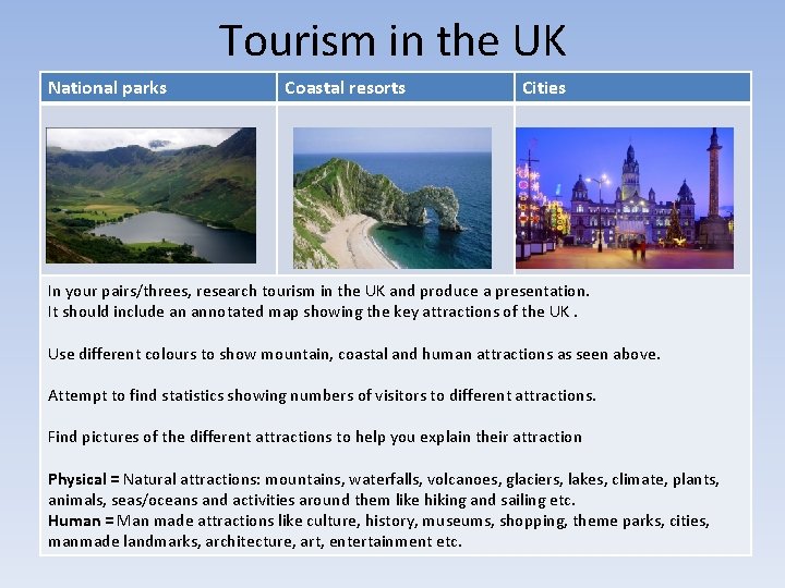 Tourism in the UK National parks Coastal resorts Cities In your pairs/threes, research tourism