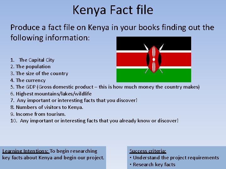 Kenya Fact file Produce a fact file on Kenya in your books finding out