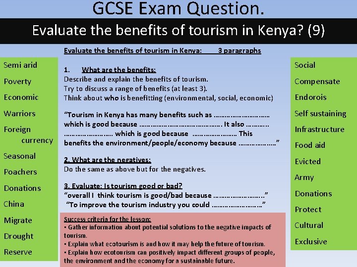 GCSE Exam Question. Evaluate the benefits of tourism in Kenya? (9) Evaluate the benefits