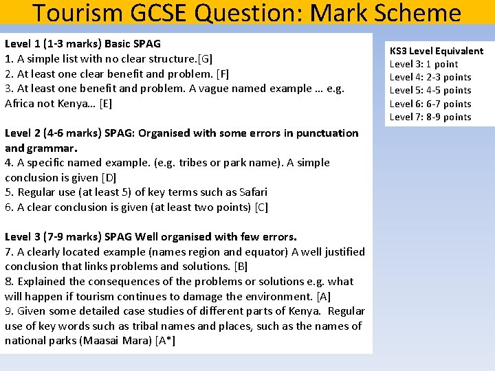 Tourism GCSE Question: Mark Scheme Level 1 (1 -3 marks) Basic SPAG 1. A