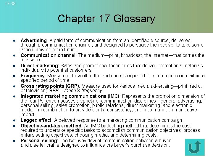 17 -38 Chapter 17 Glossary l l l l l Advertising: A paid form