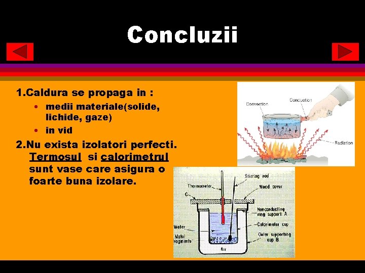 Concluzii 1. Caldura se propaga in : • medii materiale(solide, lichide, gaze) • in