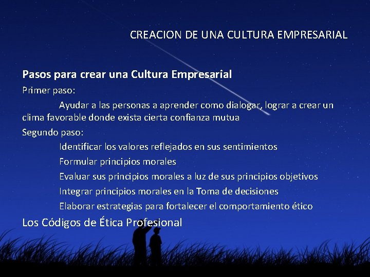 CREACION DE UNA CULTURA EMPRESARIAL Pasos para crear una Cultura Empresarial Primer paso: Ayudar