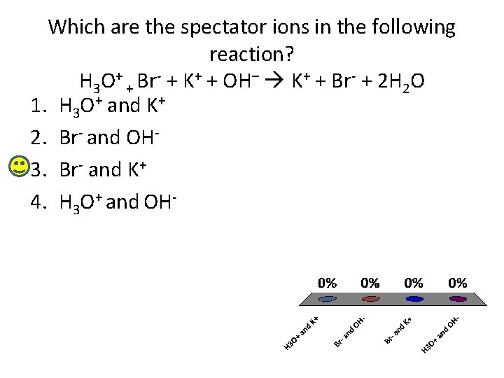 Which are the spectator ions in the following reaction? H 3 O+ + Br-