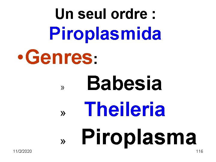 Un seul ordre : Piroplasmida • Genres: » Babesia » Theileria » 11/2/2020 Piroplasma Un seul ordre : Piroplasmida • Genres: » Babesia » Theileria » 11/2/2020 Piroplasma