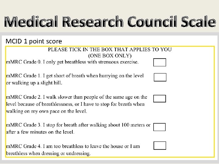 Medical Research Council Scale MCID 1 point score 