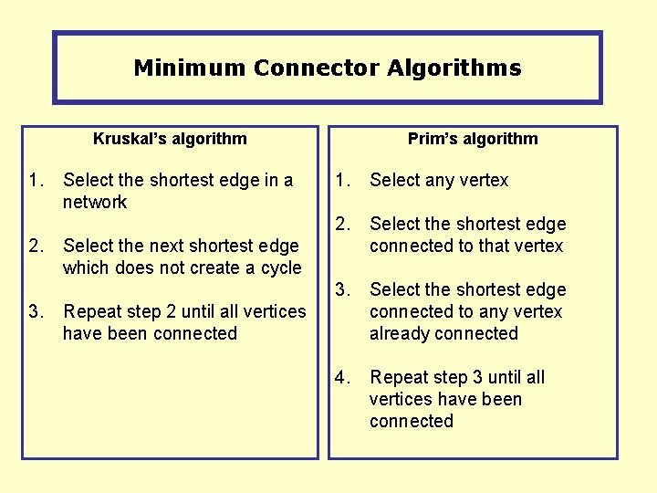 Minimum Connector Algorithms Kruskal’s algorithm 1. 2. 3. Select the shortest edge in a