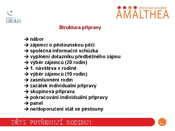 Struktura přípravy nábor zájemci o pěstounskou péči společná informační schůzka vyplnění dotazníku předběžného zájmu