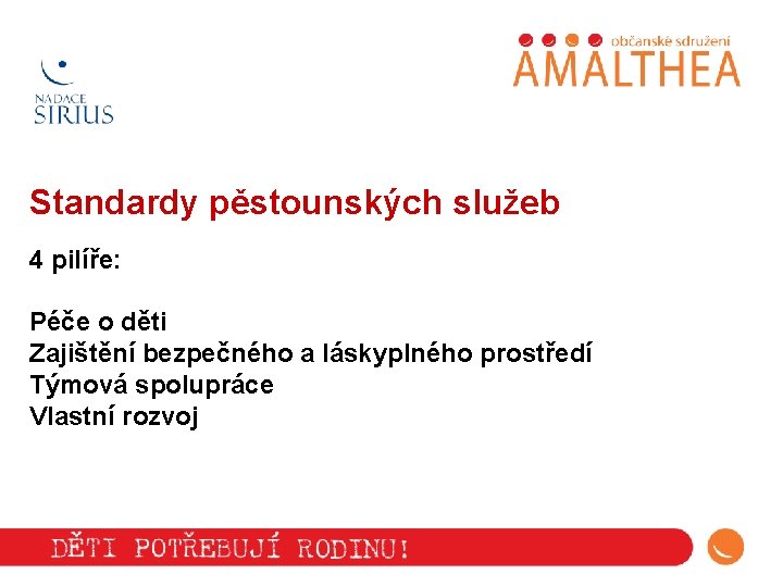 Standardy pěstounských služeb 4 pilíře: Péče o děti Zajištění bezpečného a láskyplného prostředí Týmová