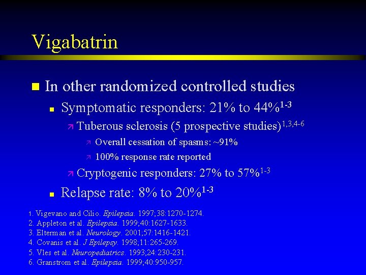 Vigabatrin n In other randomized controlled studies n Symptomatic responders: 21% to 44%1 -3