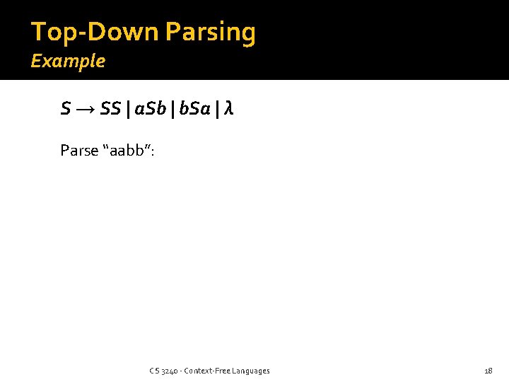 Top-Down Parsing Example S → SS | a. Sb | b. Sa | λ