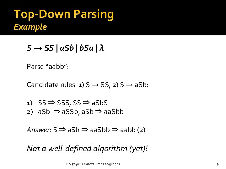 Top-Down Parsing Example S → SS | a. Sb | b. Sa | λ
