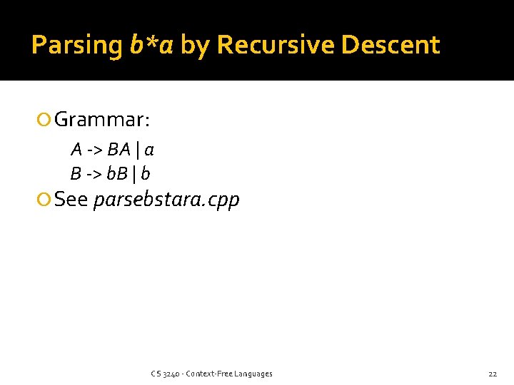 Parsing b*a by Recursive Descent Grammar: A -> BA | a B -> b.