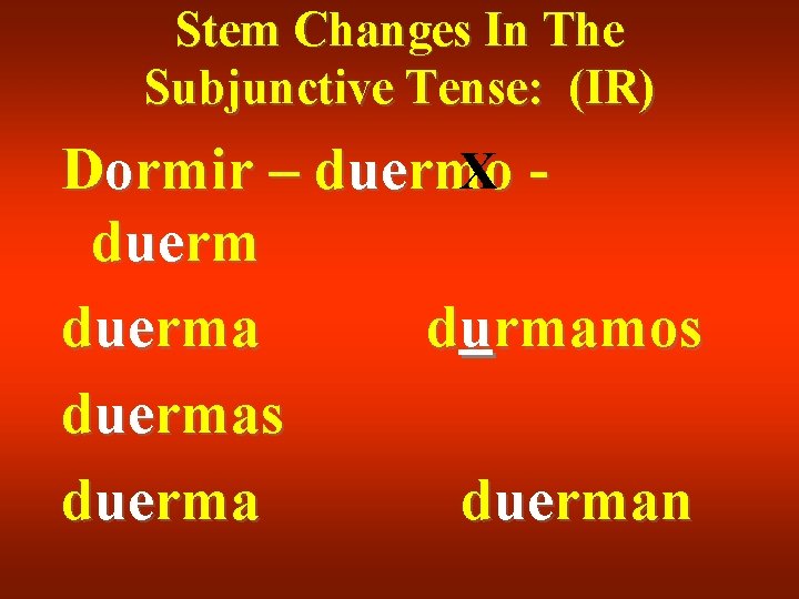 Stem Changes In The Subjunctive Tense: (IR) Dormir – duermo X duerma durmamos duerman Stem Changes In The Subjunctive Tense: (IR) Dormir – duermo X duerma durmamos duerman