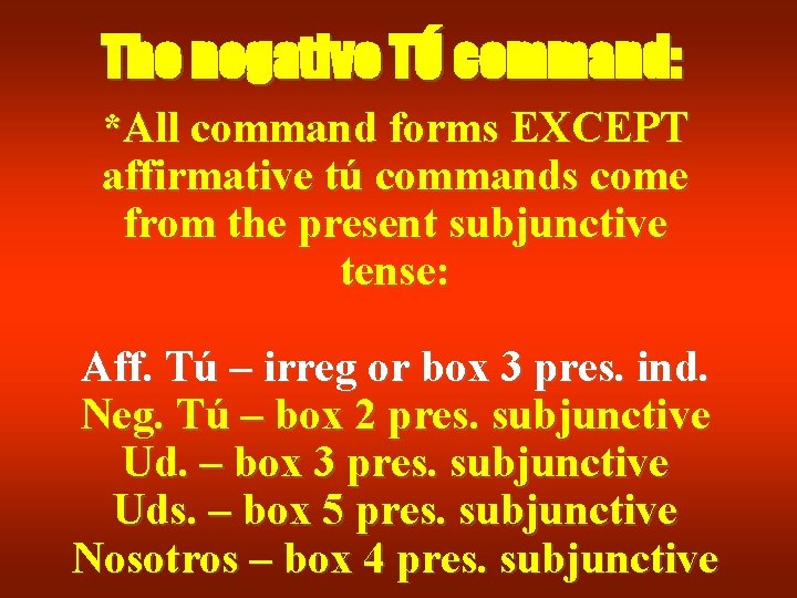 The negative TÚ command: *All command forms EXCEPT affirmative tú commands come from the The negative TÚ command: *All command forms EXCEPT affirmative tú commands come from the