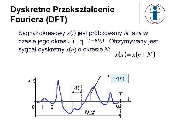 Dyskretne Przekształcenie Fouriera (DFT) Sygnał okresowy x(t) jest próbkowany N razy w czasie jego