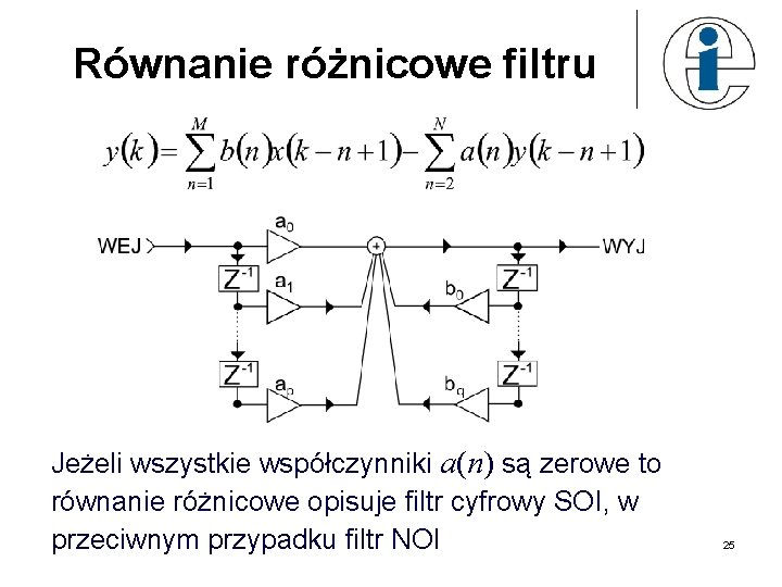 Równanie różnicowe filtru Jeżeli wszystkie współczynniki a(n) są zerowe to równanie różnicowe opisuje filtr