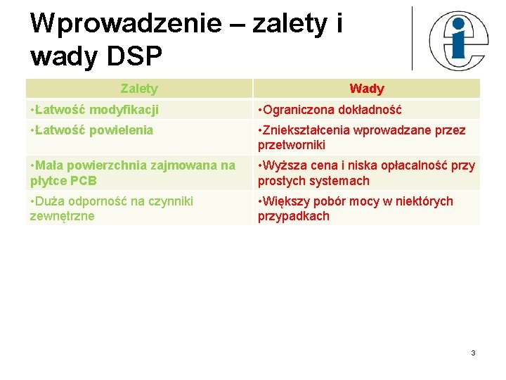 Wprowadzenie – zalety i wady DSP Zalety Wady • Łatwość modyfikacji • Ograniczona dokładność