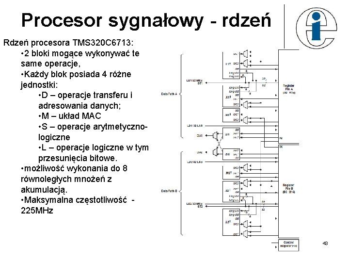 Procesor sygnałowy - rdzeń Rdzeń procesora TMS 320 C 6713: • 2 bloki mogące