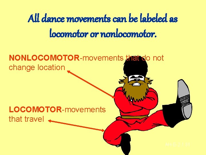 All dance movements can be labeled as locomotor or nonlocomotor. NONLOCOMOTOR-movements that do not