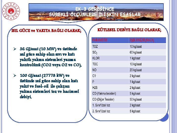 EK-3 GEREĞİNCE SÜREKLİ ÖLÇÜMLERE İLİŞKİN ESASLAR ISIL GÜCE ve YAKITA BAĞLI OLARAK; KÜTLESEL DEBİYE