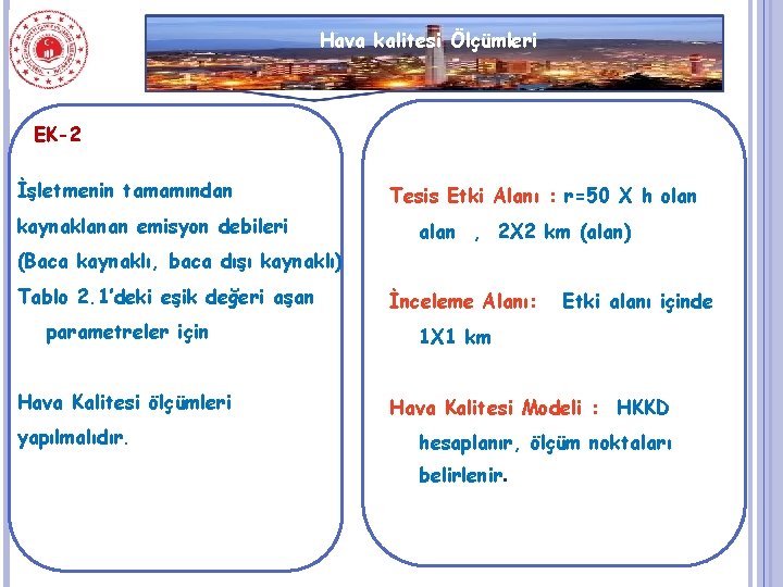 Hava kalitesi Ölçümleri EK-2 İşletmenin tamamından kaynaklanan emisyon debileri Tesis Etki Alanı : r=50