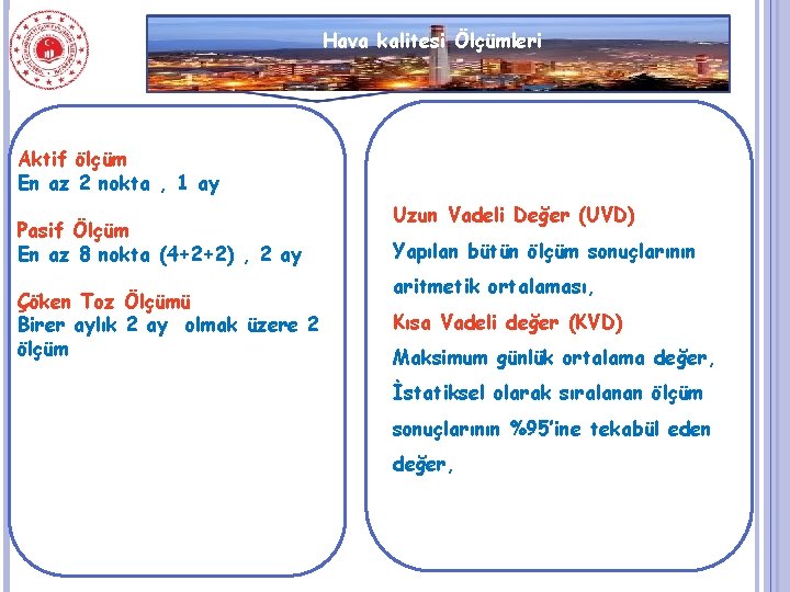 Hava kalitesi Ölçümleri Aktif ölçüm En az 2 nokta , 1 ay Pasif Ölçüm