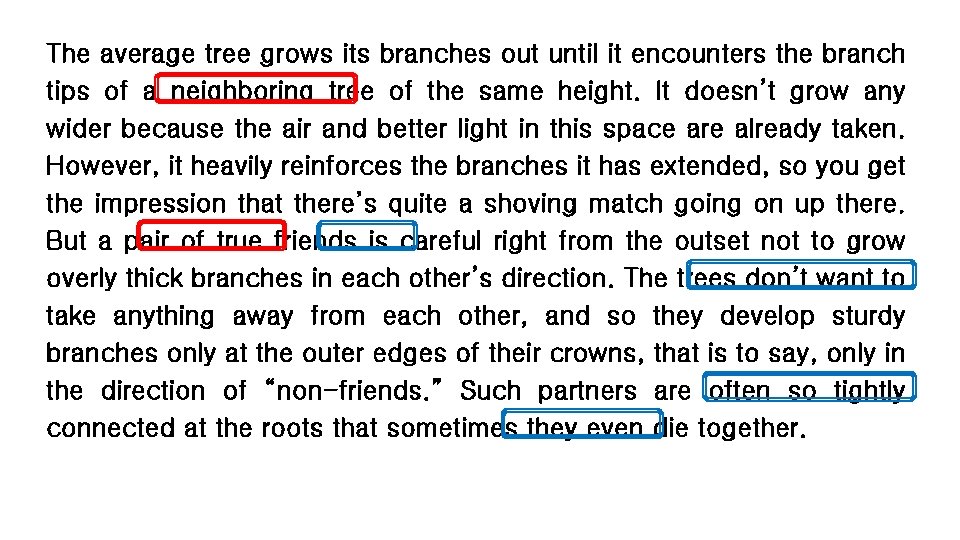 The average tree grows its branches out until it encounters the branch tips of