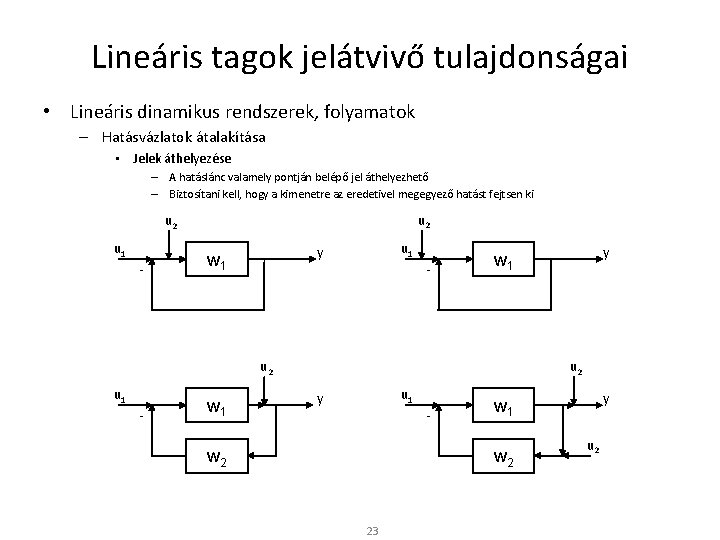 Lineáris tagok jelátvivő tulajdonságai • Lineáris dinamikus rendszerek, folyamatok – Hatásvázlatok átalakítása • Jelek