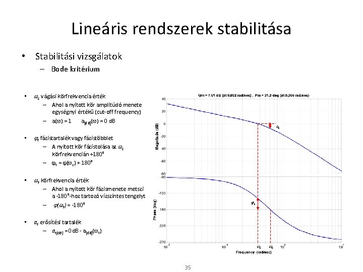 Lineáris rendszerek stabilitása • Stabilitási vizsgálatok – Bode kritérium • wc vágási körfrekvencia érték