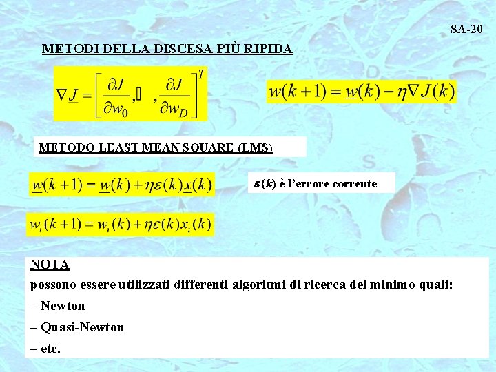 SA-20 METODI DELLA DISCESA PIÙ RIPIDA METODO LEAST MEAN SQUARE (LMS) e (k) è