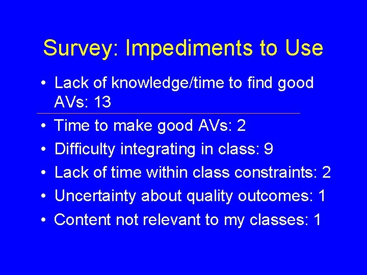 Survey: Impediments to Use • Lack of knowledge/time to find good AVs: 13 •