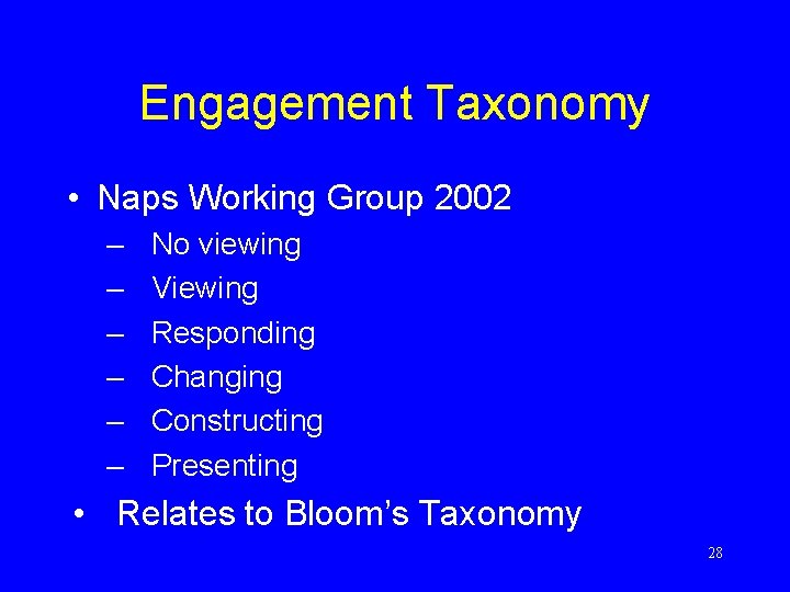 Engagement Taxonomy • Naps Working Group 2002 – – – No viewing Viewing Responding