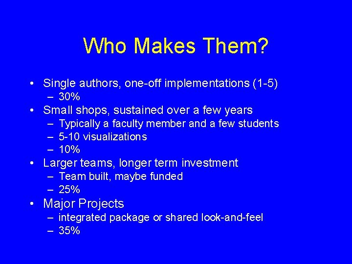 Who Makes Them? • Single authors, one-off implementations (1 -5) – 30% • Small