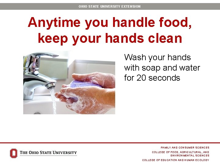 OHIO STATE UNIVERSITY EXTENSION Anytime you handle food, keep your hands clean Wash your