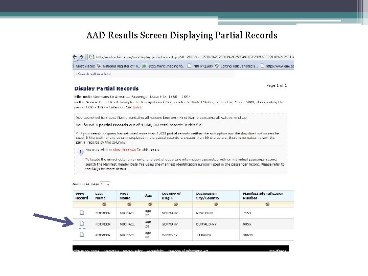 AAD Results Screen Displaying Partial Records 