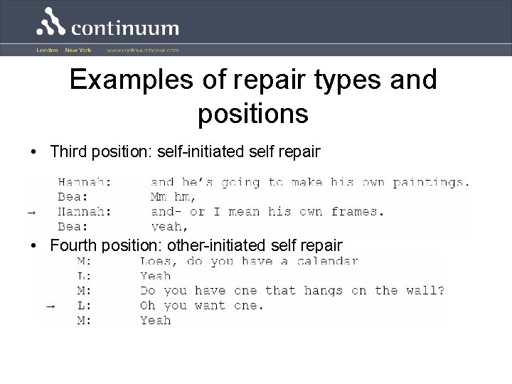 Examples of repair types and positions • Third position: self-initiated self repair • Fourth