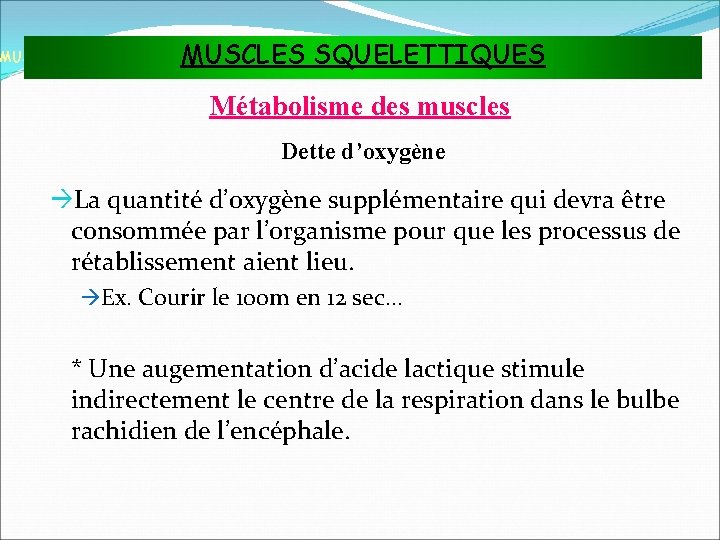 MUSCLES SQUELETTIQUES MUSCLES ET TISSU MUSCULAIRE Métabolisme des muscles Dette d’oxygène La quantité d’oxygène