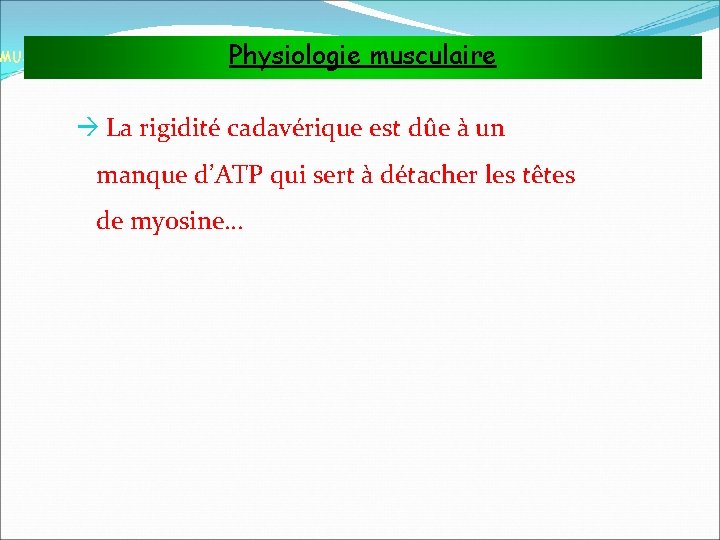 Physiologie musculaire MUSCLES ET TISSU MUSCULAIRE La rigidité cadavérique est dûe à un manque