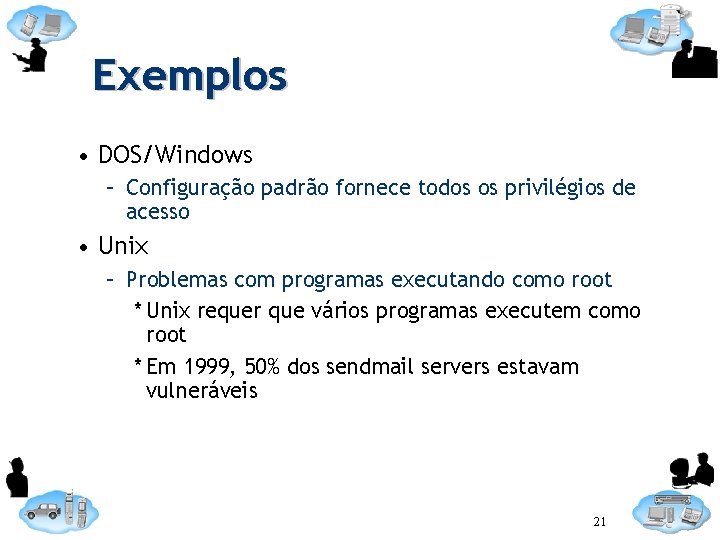 Exemplos • DOS/Windows – Configuração padrão fornece todos os privilégios de acesso • Unix