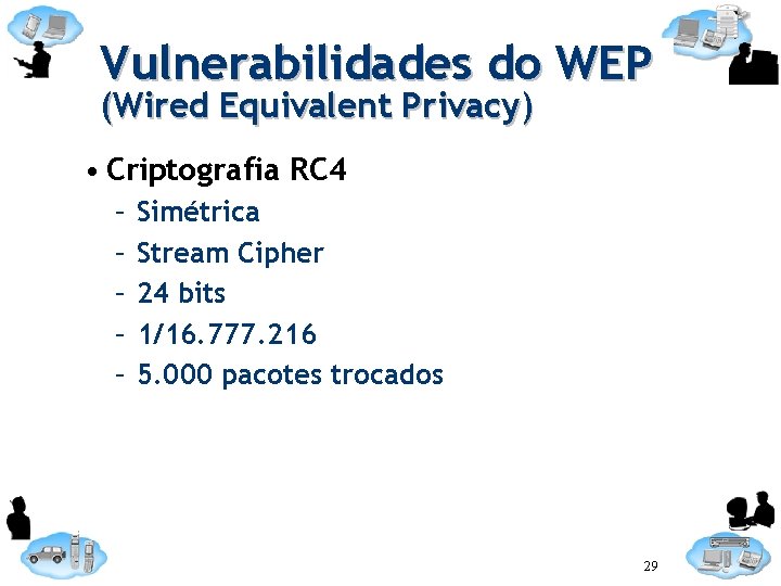 Vulnerabilidades do WEP (Wired Equivalent Privacy) • Criptografia RC 4 – – – Simétrica