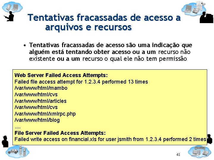 Tentativas fracassadas de acesso a arquivos e recursos • Tentativas fracassadas de acesso são