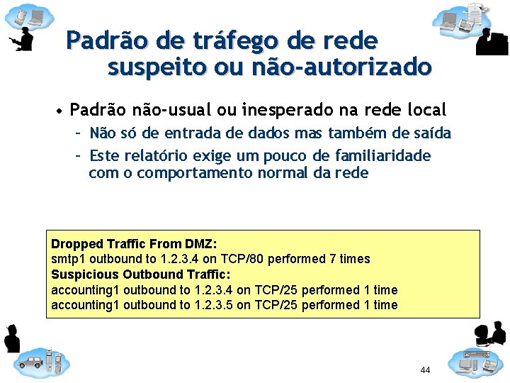 Padrão de tráfego de rede suspeito ou não-autorizado • Padrão não-usual ou inesperado na