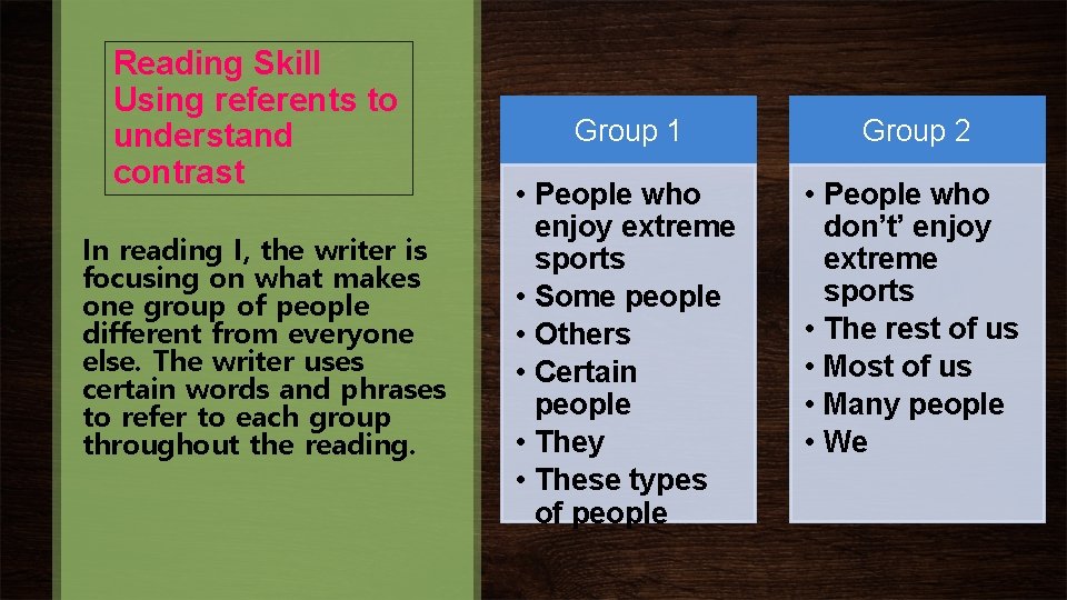 Reading Skill Using referents to understand contrast In reading I, the writer is focusing