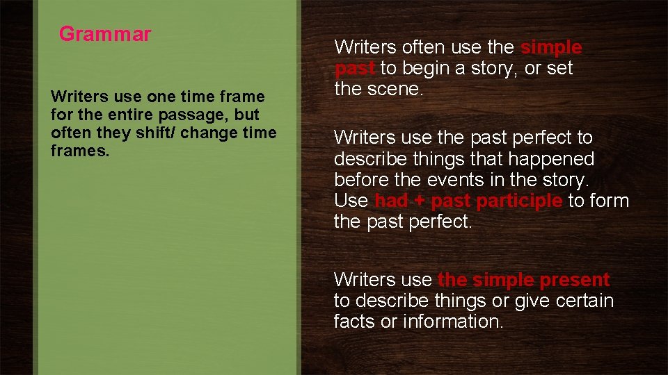 Grammar Writers use one time frame for the entire passage, but often they shift/