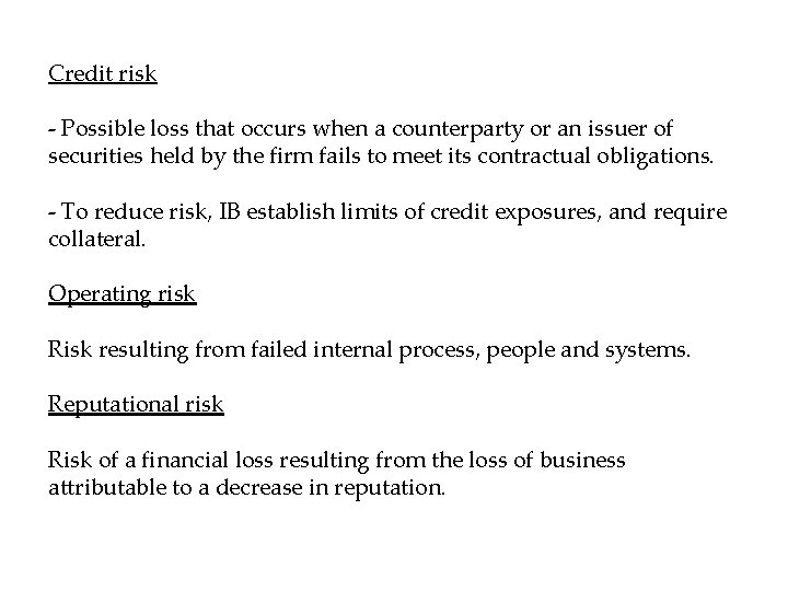 Credit risk - Possible loss that occurs when a counterparty or an issuer of