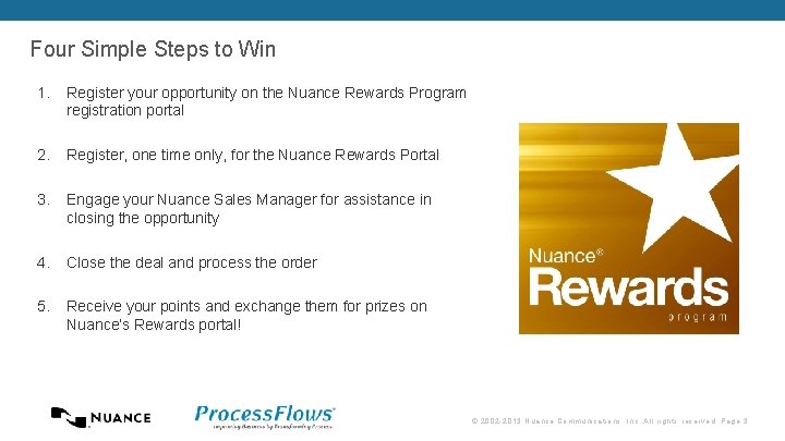 Four Simple Steps to Win 1. Register your opportunity on the Nuance Rewards Program Four Simple Steps to Win 1. Register your opportunity on the Nuance Rewards Program
