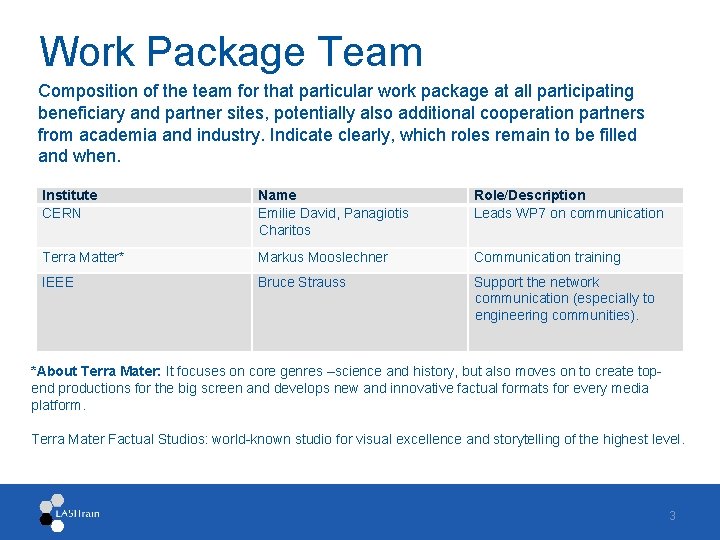 Work Package Team Composition of the team for that particular work package at all
