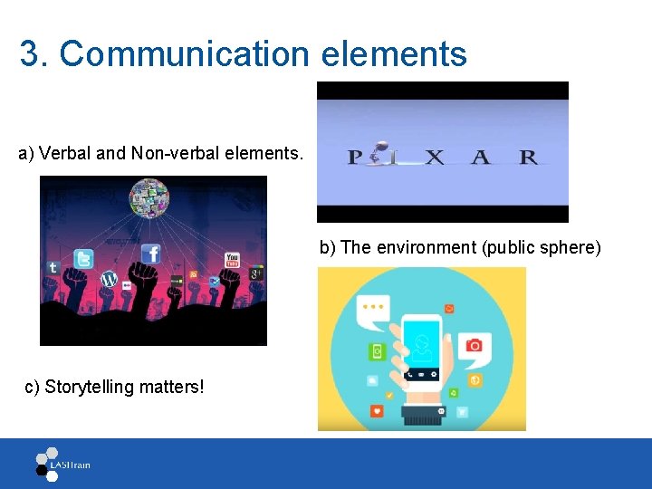 3. Communication elements a) Verbal and Non-verbal elements. b) The environment (public sphere) c)